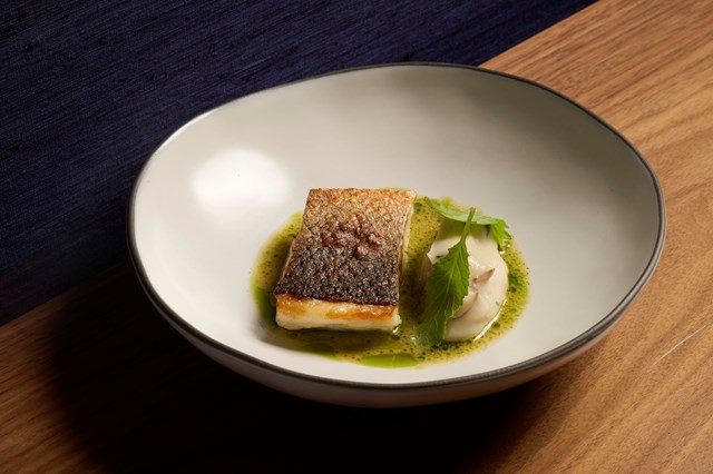 Robalo, girassol batateiro e e dashi beurre blanc de algas, 32 euros