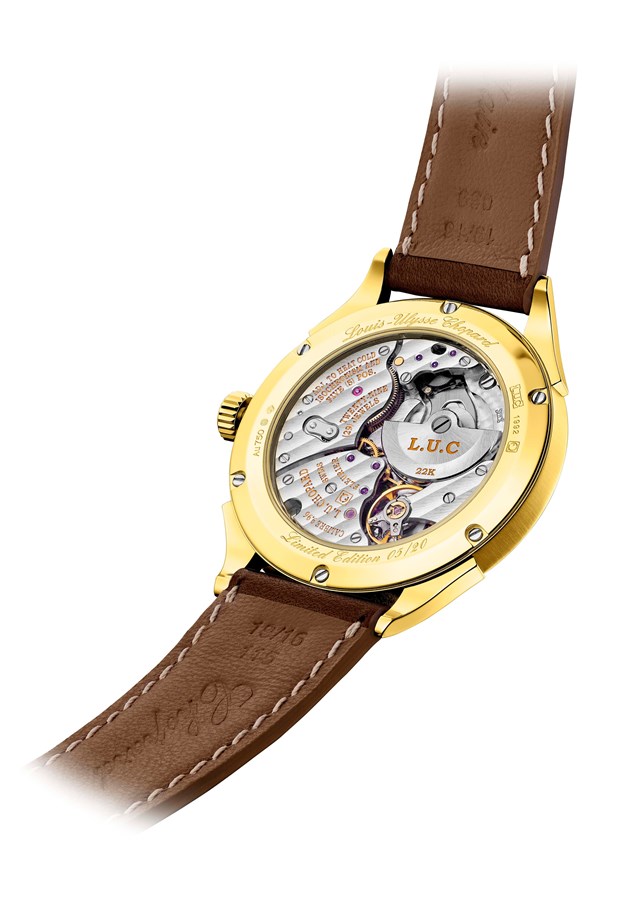 O Chopard LUC Qualité Fleurier 20th Anniversary Edition contém uma caixa de 39 mm, trabalhada em ouro amarelo de 18 quilates.