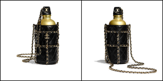 Frente e verso da garrafa de água Chanel
