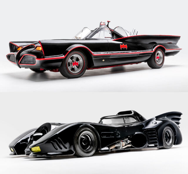 Em cima, o Lincoln Futura de 1955 que se transformou em Batmobile na série Batman, de 1966. Em baixo o Batmobile dos filmes Batman (1989) e Batman Returns (1992).