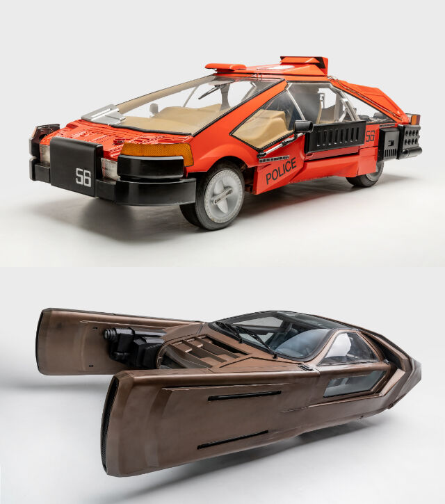 Em cima o “Sedan de Deckard”, como o carro é chamado no filme Blade Runner (1982). Em baixo o um dos veículos de Blade Runner 2049 (2018).