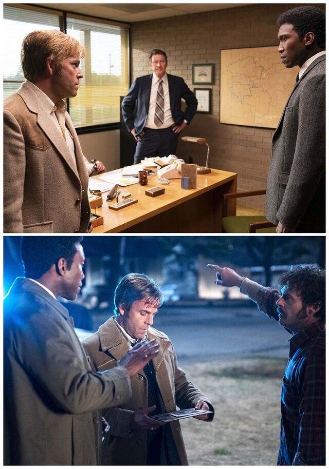 Stephen Dorff, Brett Cullen e Mahershala Ali | Em baixo: os protagonistas da terceira temporada de 'True Detective' com Scoot McNairy