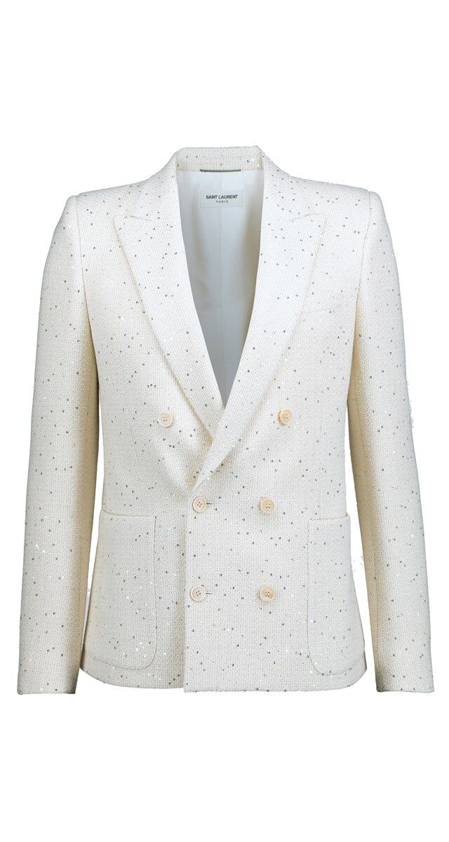 Blazer em tweed de algodão com aplicação de lantejoulas, € 2490, Saint Laurent