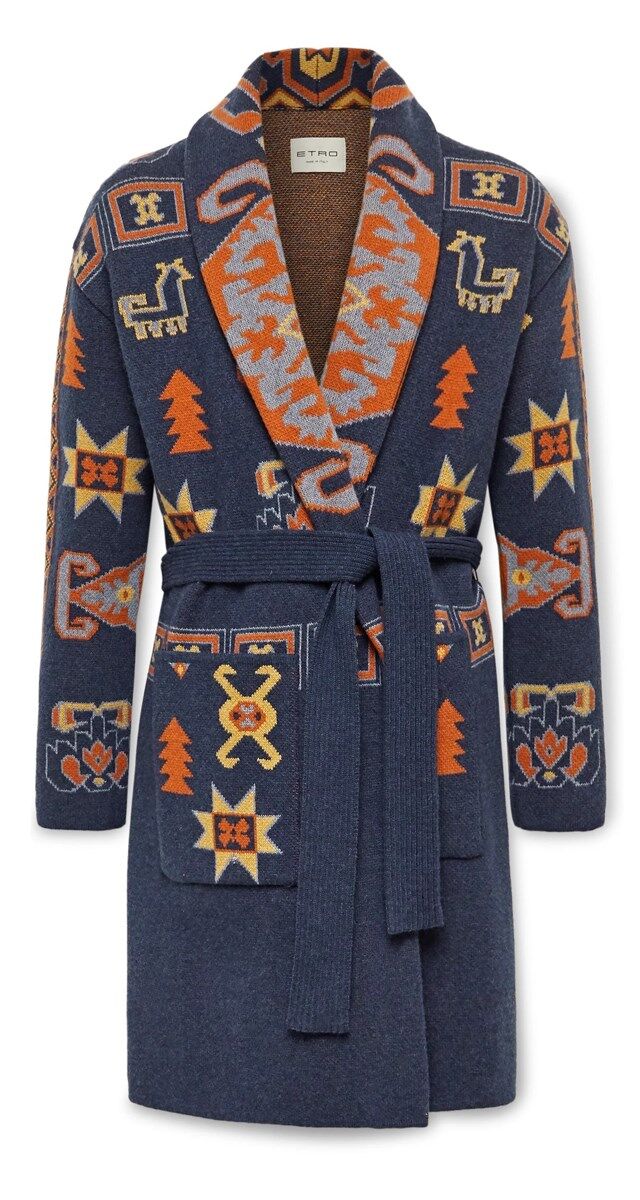 Cardigan em malha de lã ajourada com cinto, € 1500, Etro.