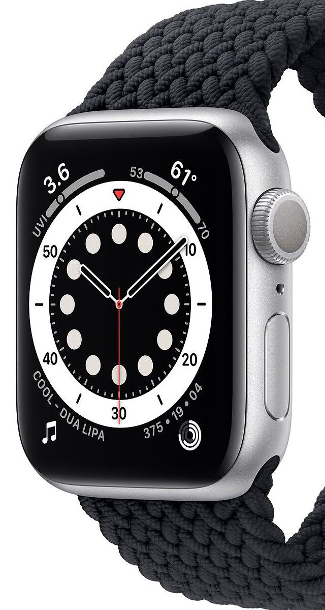  Relógio Apple Watch serie 6 com caixa em alumínio e bracelete Solo entrançada, 44mm, € 519, Apple.