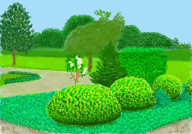 David Hockney, No. 259, 24th April 2020 (iPad painting) presente na exposição "David Hockney: The Arrival of Spring, Normandy, 2020"