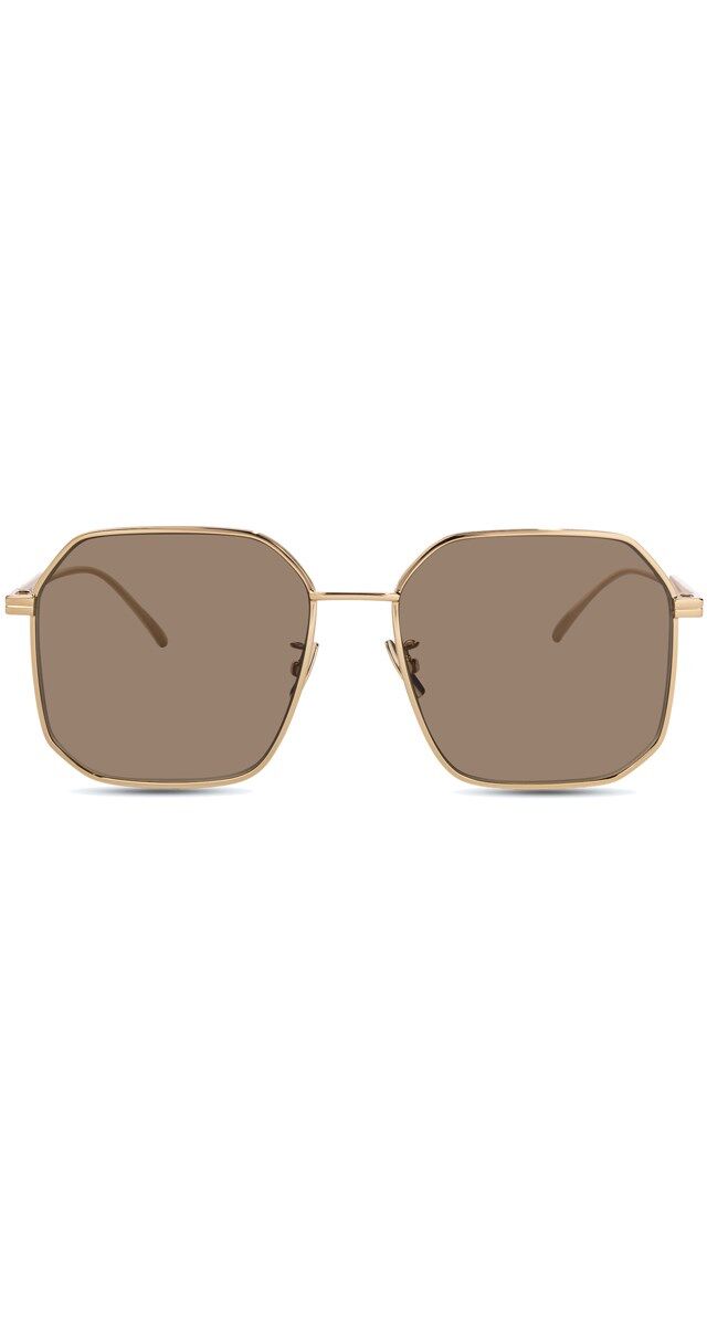 Geométricos – Óculos de sol com armação em metal, € 290, Bottega Veneta.