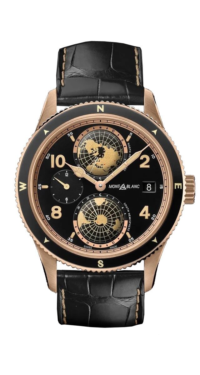 Relógio 1858 Geosphere edição limitada em ouro rosa com bracelete em pele de jacaré, €20,000, Montblanc