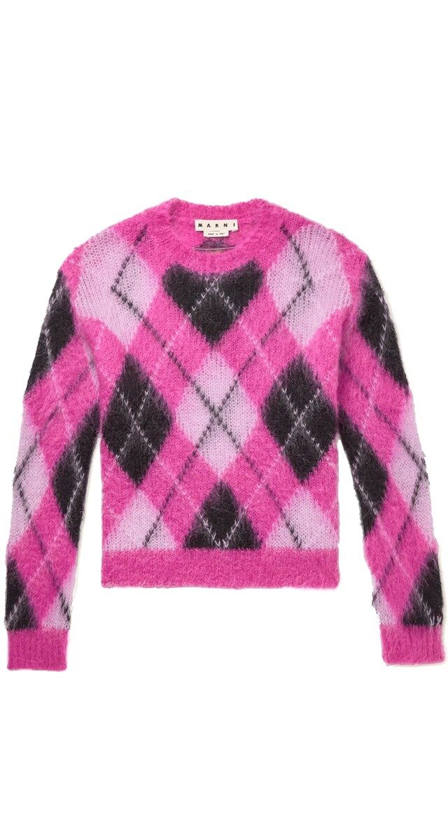 Camisola em malha jacquard de mohair, € 890, Marni