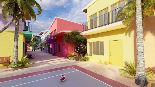 A cidade está a ser construída com cores vibrantes e varandas com vista para o mar