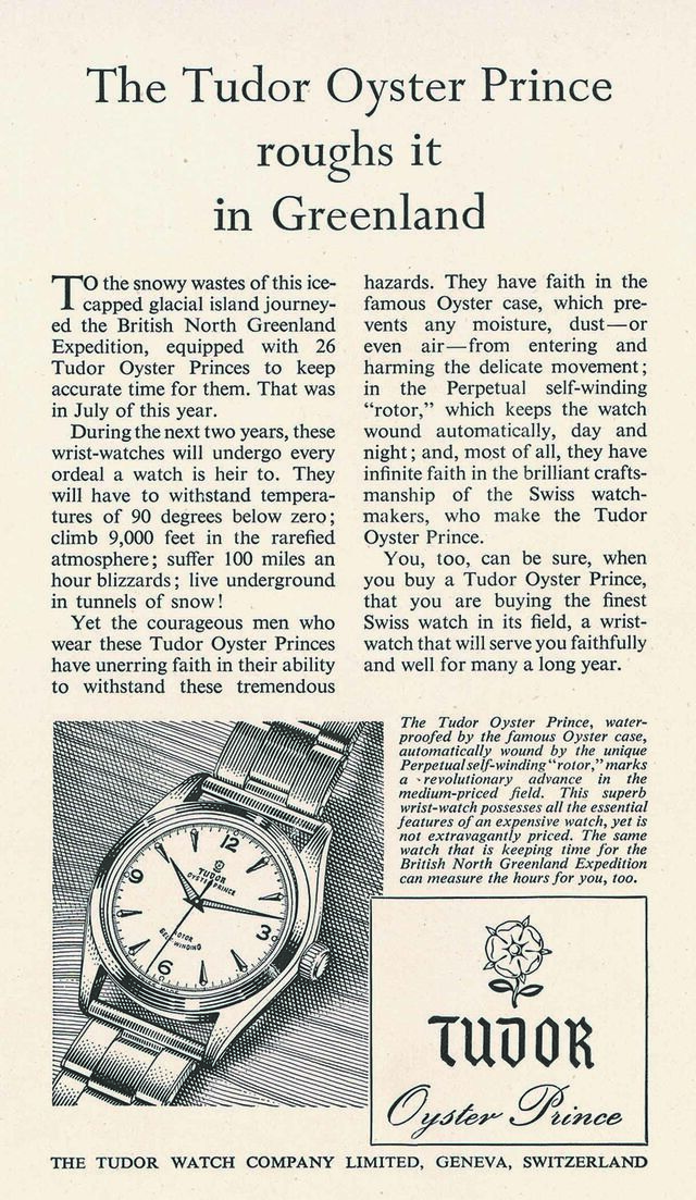 Publicidade sobre os relógios Oyster Prince levados para a expedição à Gronelândia, 1952
