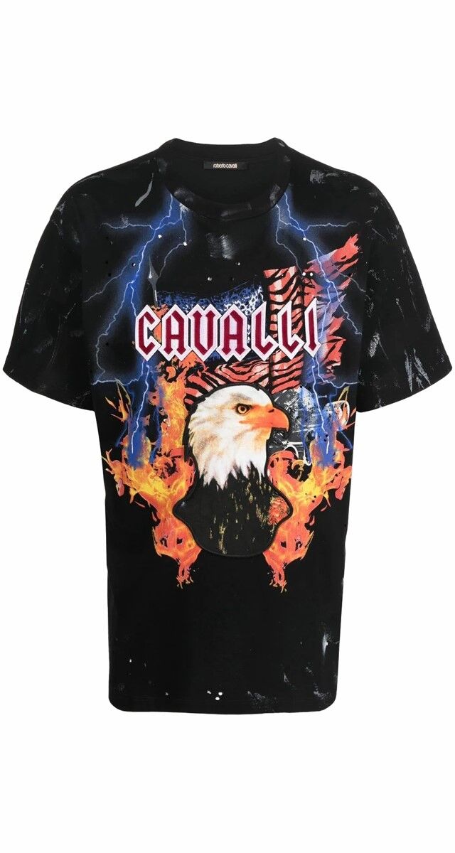 T-shirt em algodão estampado, €398, Roberto Cavalli