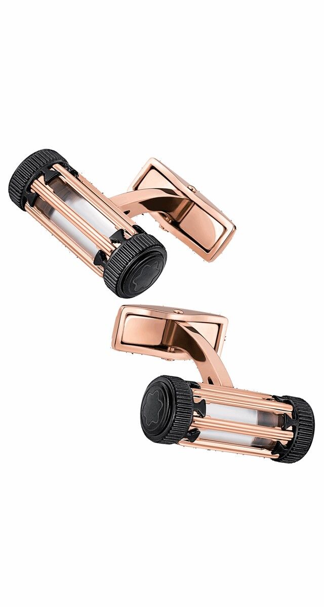 Botões de punho, Edição Leonardo, em aço inoxidável com pólvora e acabamento em PVD dourado vermelho, €565, Montblanc.