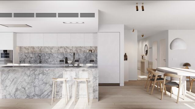 A cozinha, a zona de estar e a de jantar foram pensadas num conceito open space.