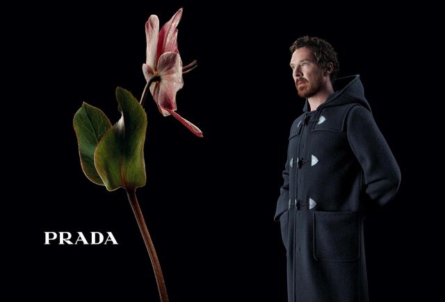 A Prada elegeu os atores Benedict Cumberbatch, Kodi Smit-McPhee e Li Xian e as atrizes Hunter Schafer e Letitia Wright para a campanha, repleta de alusões florais. Aqui, o ator inglês Benedict Cumberbatch.