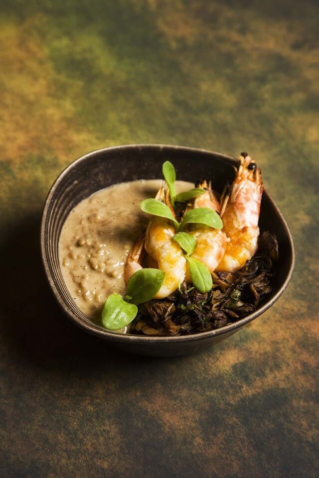 Risotto de cogumelos com gamba vermelha do Algarve.