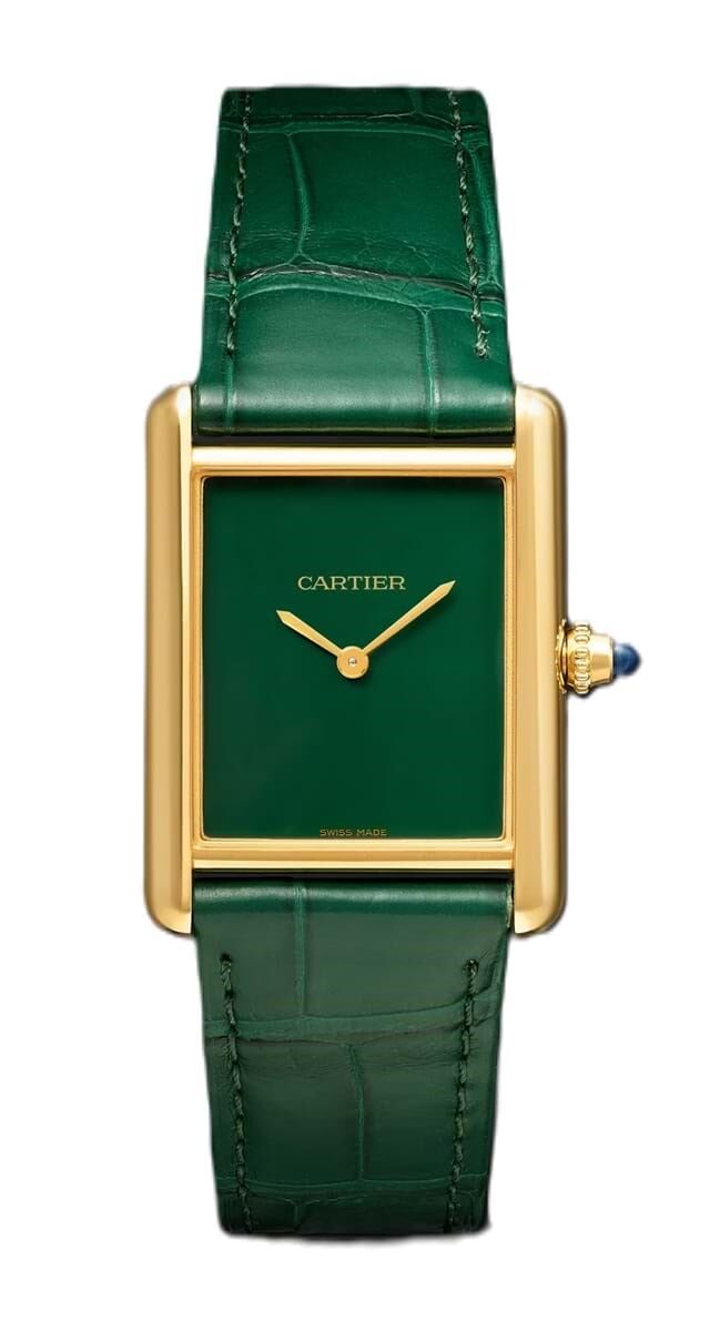 Relógio Tank Louis Cartierem ouro com bracelete em pele de crocodilo, €14400, Cartier.