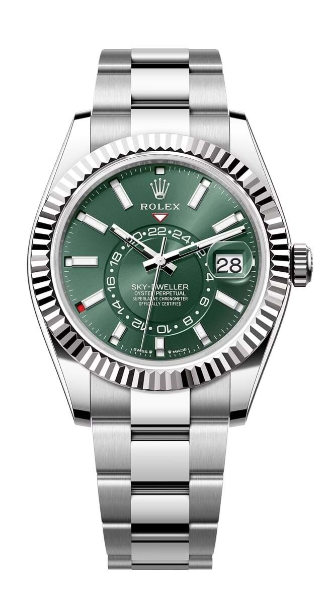 Relógio Sky-Dweller Oyster, 42mm, em ouro branco e aço Oyster, €16.500, Rolex.