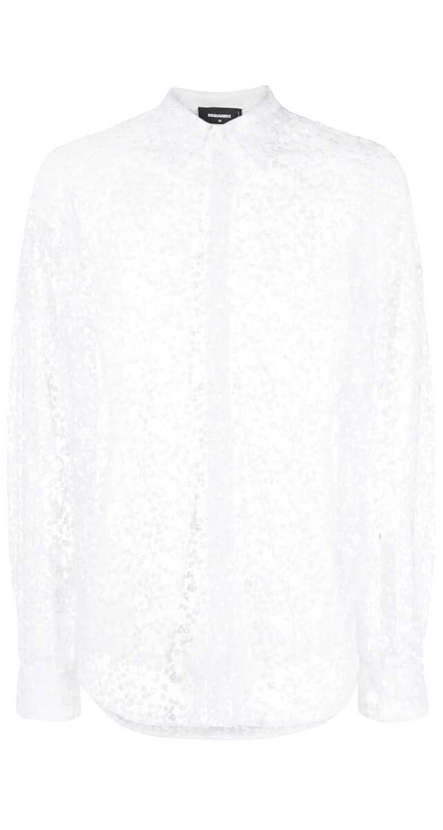 Camisa em tule bordado, €850, DSquared2.