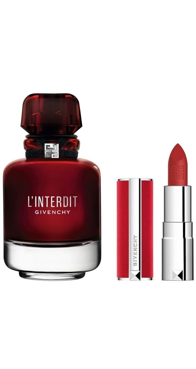 Cofret dia da mãe com Eau de parfum L’enterdit 50 ml e Mini Le Rouge Deep Velvet no tom N37, €24, Givenchy.