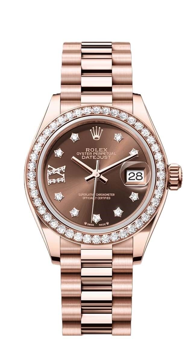 Relógio Lady-DateJust Oyster 28mm, em ouro Everose com diamantes, €44300, Rolex.