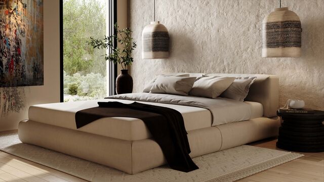 Os interiores têm um design minimalista, em tons neutros e com materiais sustentáveis