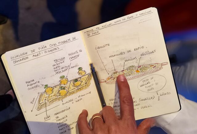Quando Arola pretende criar um novo prato, desenha-o num caderno, já empratado e com os ingredientes discriminados, e envia esse desenho para que Vladimir o prepare.