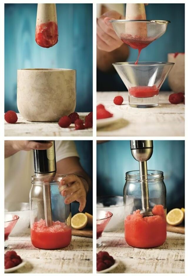 A técnica por detrás do puré e do granizado de framboesa