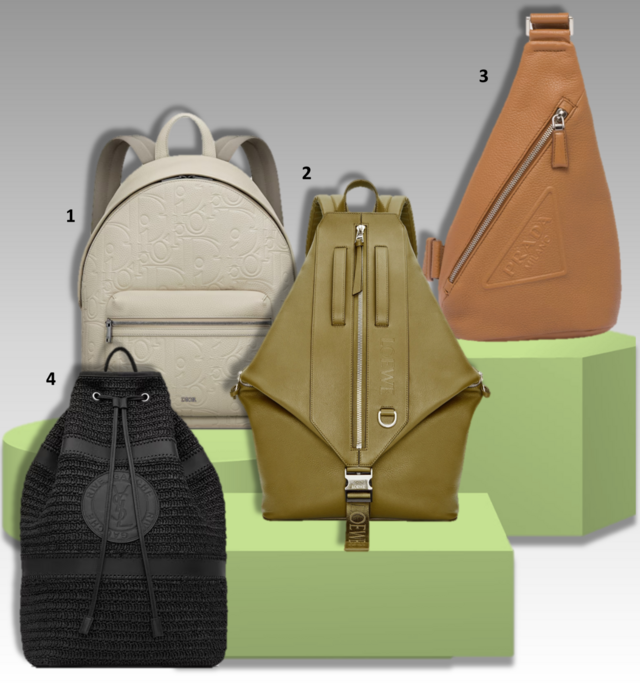 BACKPACK & SLING 1.Mochila Rider 2.0, €2900, Dior; 2. Mochila, €2500, Loewe; 3. Mochila Sling, €1850, Prada; 4. Mochila Sling Rive Gauche, €2550, Saint Laurent.  