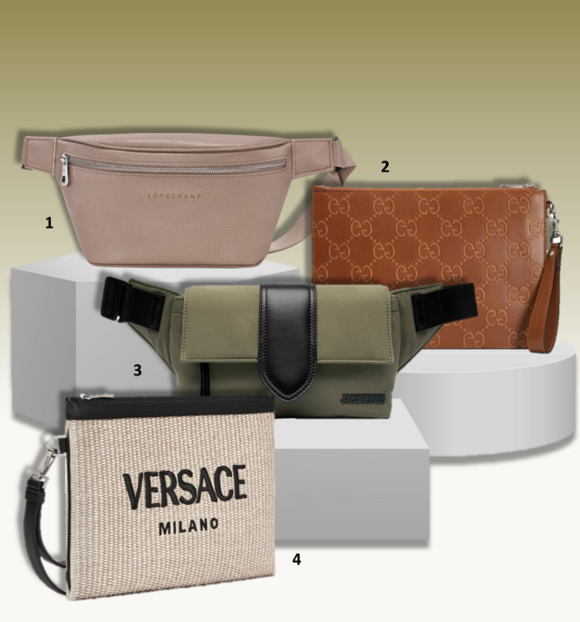 BELT & CLUTCH  1.Bolsa de cintura Le Foulonné, €220, Longchamp; 2. Clutch GG, €940, Gucci na Fashion Clinic; 3. Bolsa de cintura La banane Bambino, €650, Jacquemus; 4. Clutch, €720, Versace.