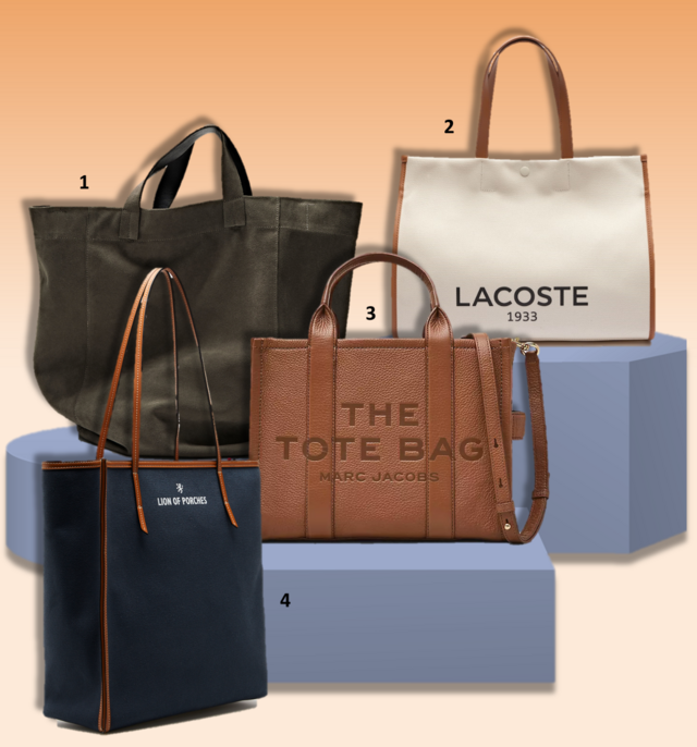 TOTE 1.Saco, €129, Massimo Dutti; 2. Saco, €170, Lacoste; 3. Carteira The Leather Medium Tote, €550, Marc Jacobs; 4. Carteira, €149,90, Lion of Porches.