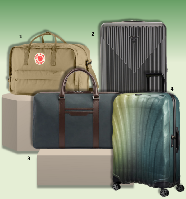 TRAVEL 1.Saco Weekender, €215, Fjällräven; 2. Mala de viagem Olbia, €250, Guess; 3. Saco Nubuk Travel, €495, Hackett London; 4. Mala de Viagem C-LITE  75cm Aurora Boreal, €549, Samsonite.     