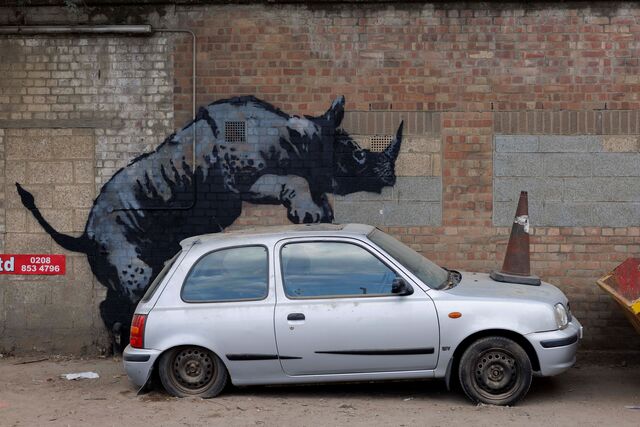 Um rinoceronte parece trepar para cima de um carro abandonado