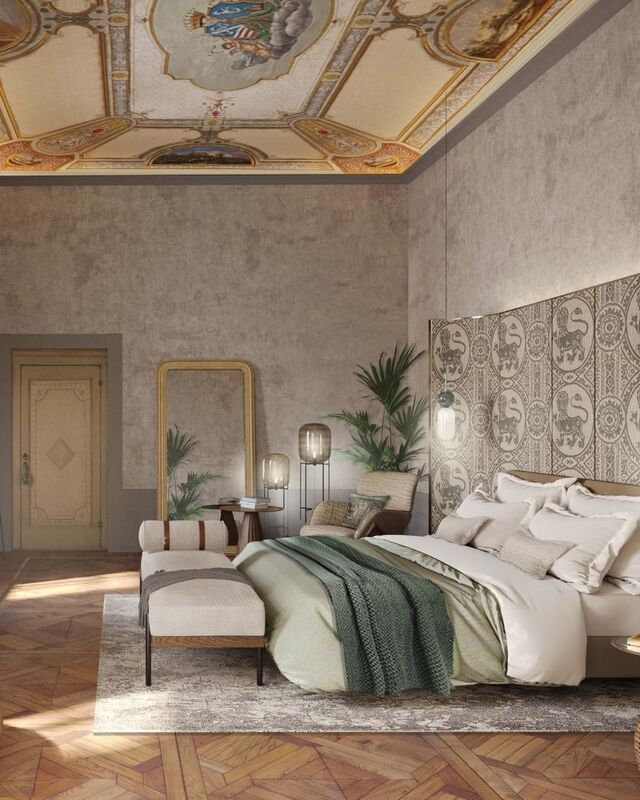 Um destaque especial vai para os tecidos utilizados nos quartos, que foram especialmente encomendados ao atelier Brozzetti, em Perugia.