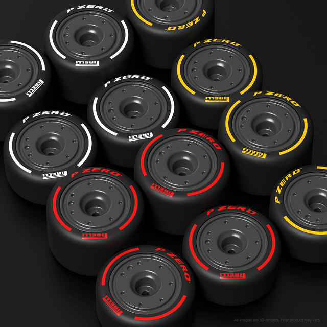 Para treinar a habilidade de pit stop do consumidor, o modelo vem com 3 conjuntos de pneus Pirelli e rodas Real Riders.