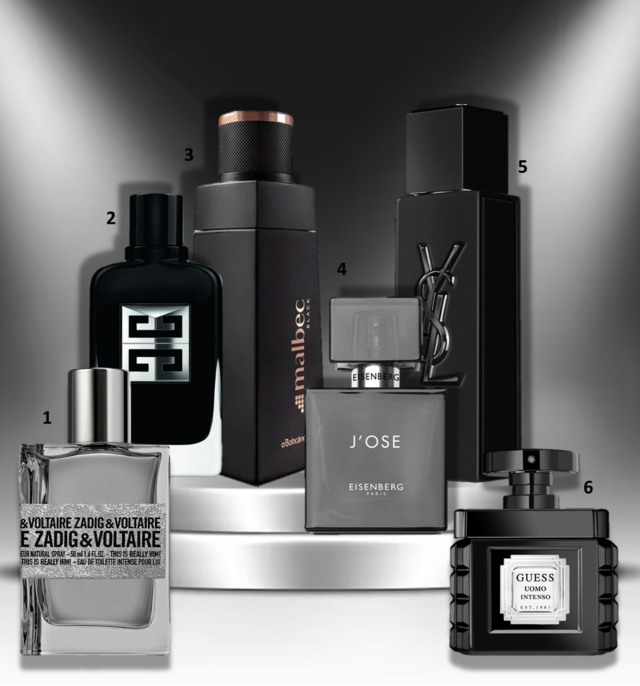 1. Eau de toilette Intense This is Him, 50ml, €70,05, Zadig & Voltaire (pc); 2. Eau de parfum Gentleman Society, 100ml, €132,03, Givenchy Beuaty; 3. Eau de toilette Malbec, 100ml, €41,99, O Boticário; 4. Eau de parfum J'ose, 30ml, €70, Eisenberg; 5. Eau de parfum MYSLF, 100ml, €160,45, Yves saint Laurent na Perfumes & Companhia; 6. Eau de parfum Uomo Intenso, 50ml, €62,75, Guess, exclusivo na Douglas.
