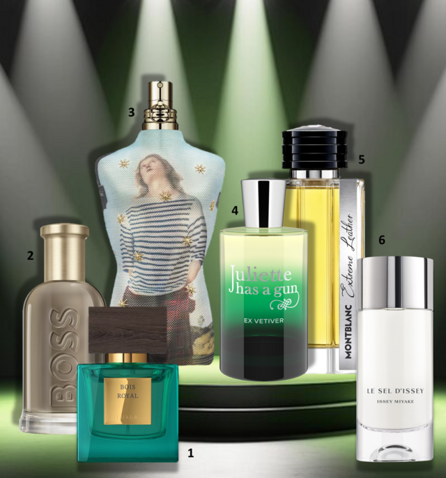 1. Eau de parfum The Iconic Collection Bois Royal, 50ml, €49,90, Rituals; 2. Eau de parfum  BOSS Bottled, 100ml, €134,99, Boss na Sephora; 3. Eua de toilette Le Male Christmas Collector, 125ml, €84, Jean Paul Gualtier; 4. Eau de Ex Vetiver, 100ml, €135, Juliette Has a Gun, exclusivo na Perfumes & Companhia; 5. Eau de parfum Extreme Leather, 125ml, €157, Montblanc na  Douglas; 6. Eau de toilette Sel D’issey, 100ml, €109, Issey Miyake.  