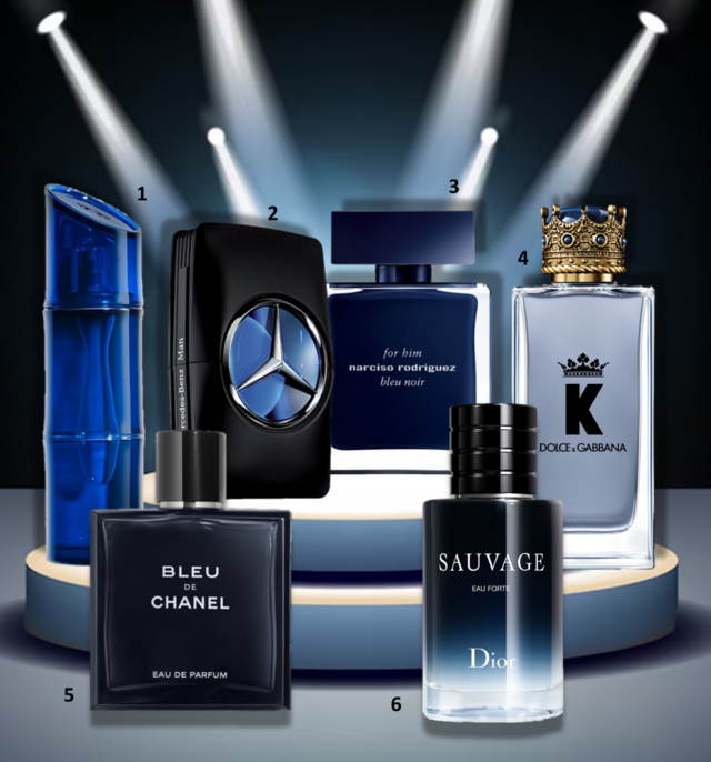 1. Eau de Toilette Intense, 110ml, €115, Kenzo Homme na Douglas; 2. Eau de toilette Mercedes Man, 50ml, €70,50, Mercedes Benz, exclusivo na Perfumes & Companhia; 3. Eau de toilette Bleu Noir, 100ml, €113, Narciso Rodriguez; 4. Eau de toilette K, 100ml, €117, Dolce & Gabbana; 5. Eau de parfum Bleu de Chanel, 100ml, €138, Chanel; 6. Eau de parfum Sauvage, 60ml, €129,10, Dior.