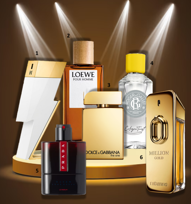 1. Eau de toilette Bad Boy, 100ml, €128,15, Carolina Herrera, edição limitada na Perfumes & Companhia; 2. Eau de toilette Loewe Pour Homme, 100ml, €136,99, Loewe; 3. Eau de parfum Gold The One for Men, 100ml, €136, Dolce & Gabbana; 4. Água de colónia Cologne Twist, 100ml, €39,90, Roger & Gallet; 5. Eau de parfum Luna Rossa Ocean, 100ml, €160, Prada;  6. Eau de parfum Intense Million Gold, 100ml, €137,55, Rabanne na Perfumes & Companhia. 