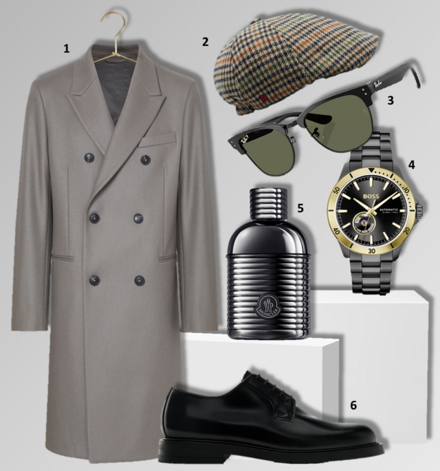  LOOK 1 | 1. Sobretudo, €229,99, Mango Selection; 2. Boina, €44,99, Lion of Porches; 3. Óculos de sol Clubmaster Reverse, €214, Ray-Ban; 4. Relógio Troper Automatic, €399, Boss na Boutique dos Relógios; 5. Eau de parfum Sunrise, 60ml, €81, Moncler, exclusivo na Douglas; 6. Sapatos, €129, Massimo Dutti.