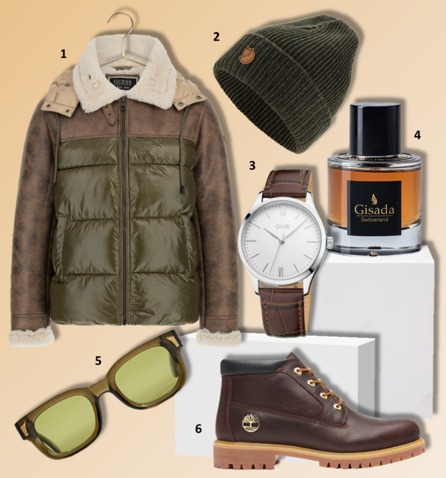 LOOK 2 | 1. Blusão, €220, Guess; 2. Gorro reversível Sörmland, €64,95, Fjällräven; 3. Relógio Heritage, €99, One; 4. Eau de parfum Ambassador for Men, 50ml, €98, Gisada na Perfumes & Companhia; 5. Óculos de sol Charlie, €290, Family Affair na André Ópticas; 6. Botas Chukka Espresso Nelson, €170, Timberland.