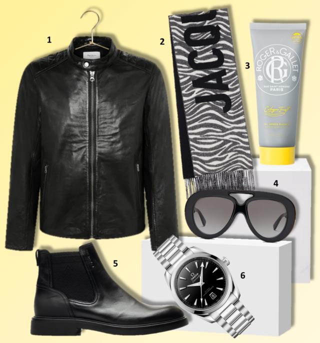 LOOK 3 | 1. Biker, €340, Pepe Jeans; 2. Cachecol, €190, Jacquemus; 3. Gel Pós-barbear Cologne Twist, 75ml, €19,90, Roger & Gallet; 4. Óculos de sol Round Spoiler Aviator, €270, Loewe; 5. Botas Pinka, €139, Ambitious; 6. Relógio Seamaster Aquaterra, €7500, Omega na Boutique dos Relógios Plus.