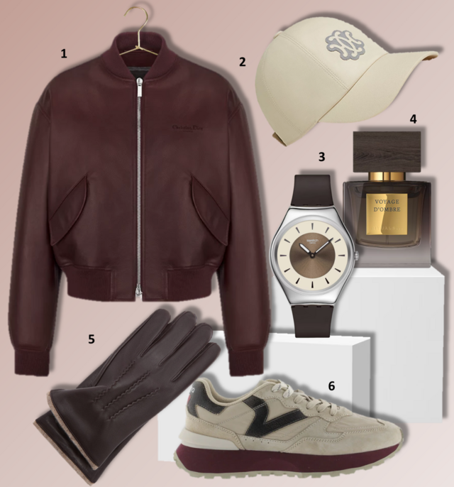 LOOK 4 | 1. Bomber Christian Dior Couture, €4900, Dior; 2. Boné Serena Lift, €430, Hermès; 3. Relógio Hazel Delight, €175, Swatch; 4. Eau de parfum Voyage d'Ombre, 50ml, da coleção The Iconic Collection, €49,90, Rituals; 5. Luvas, €22,99, Mango; 6. Ténis Rush, €99,90, Victoria.