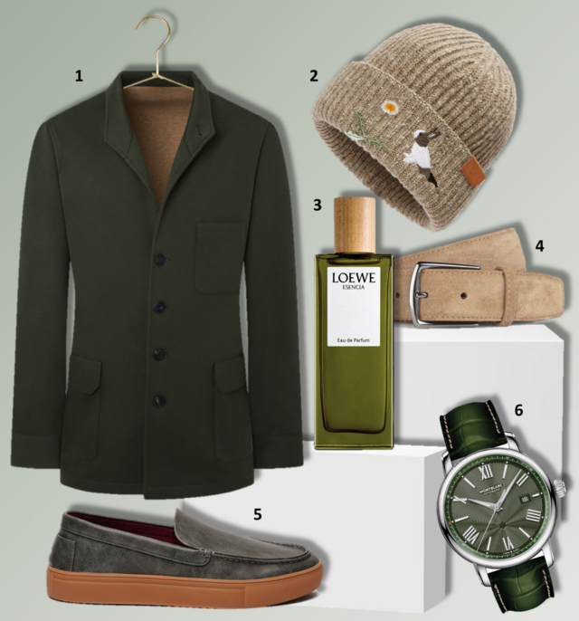 LOOK 5 | 1. Blazer Teba, €499, Hackett London; 2. Boné Bunny, €350, Loewe; 3. Eau de parfum Esencia, 50ml, €118, Loewe; 4. Cinto, €155, Aurélien na Fashion Clinic; 5. Loafer, €64,90, Paez; 6. Relógio Star Legacy Automatic Date, €3300, edição limitada, Montblanc. 