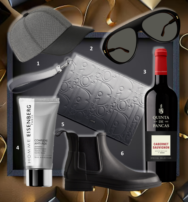 1.Boné Riley Toile H, €830, Hermès; 2. Óculos de sol, €479, Gucci na Óptica Boavista; 3. Garrafa de vinho tinto Cabernet Sauvignon 2021, 75 cl, €35 (preço recomendado), Quinta de Pancas Special Selection; 4. Creme de rosto Complexe Anti- Âge, 75ml, €107, Eisenberg; 5. Clutch A5 Triangle, €1550, Dior; 6. Botins Refined Chelsea, €155, Hunter.