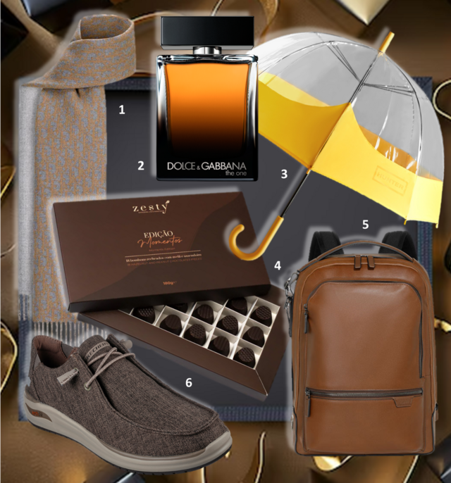 1.Cachecol Dior Oblique Double-Sided, €700, Dior; 2. Eau de parfum The One, 150ml, €152, Dolce & Gabbana; 3. Chapéu de chuva, €60, Hunter; 4. Caixa de bombons Edição Momentos, €14,90, Zesty; 5. Mochila Harrisson, €750, Tumi; 6. Ténis Arch Fit Melo Tandro, €80, Skechers.