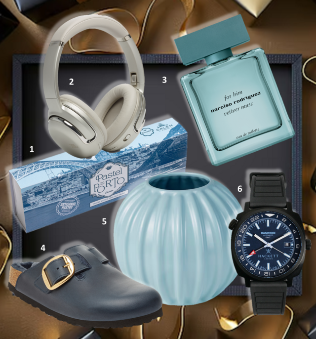 1.Caixa Pastel do Porto (4 unidades), €6,40, Arcádia; 2. Auscultadores Wireless Tour One M2, €299,99, JBL; 3. Eau de toilette Vetiver Musc, 100ml, €113, Narciso Rodriguez; 4. Socas Boston Big Buckle Shearling, €200, Birkenstock; 5. Jarra Skogstundra, €16, Ikea; 6. Relógio Bamford GTM, €1799, Hackett London.