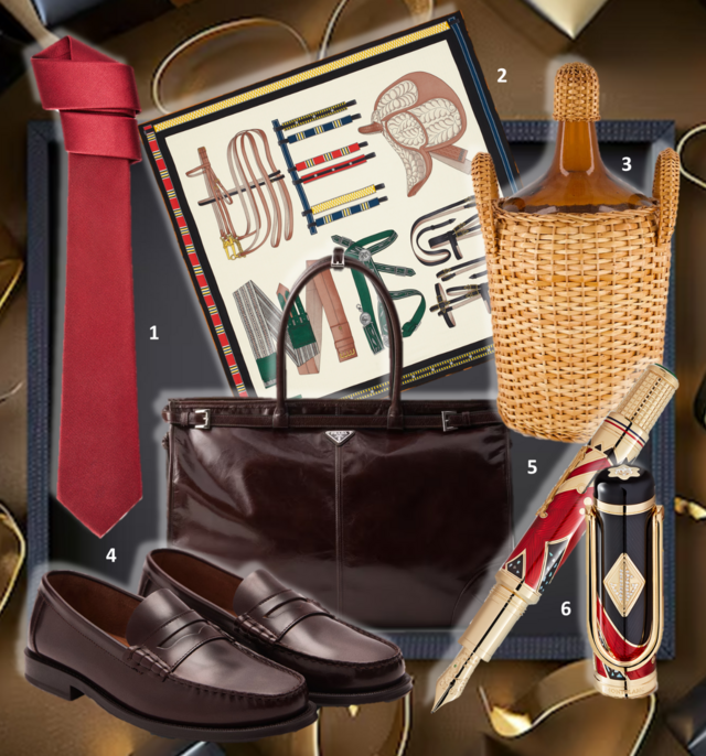 1.Gravata, €220, Loewe; 2. Xaile Lettres Equestres, €1180, Hermès; 3. Garrafa Handwoven Camacha Wicker da coleção House of Capricorn, €157, Fashion Clinic; 4. Mocassins, €79,99, Mango; 5. Carteira, €2900, Prada; 6. Caneta de aparo da coleção The Great Gatsby, Montblanc (preço sob consulta). 