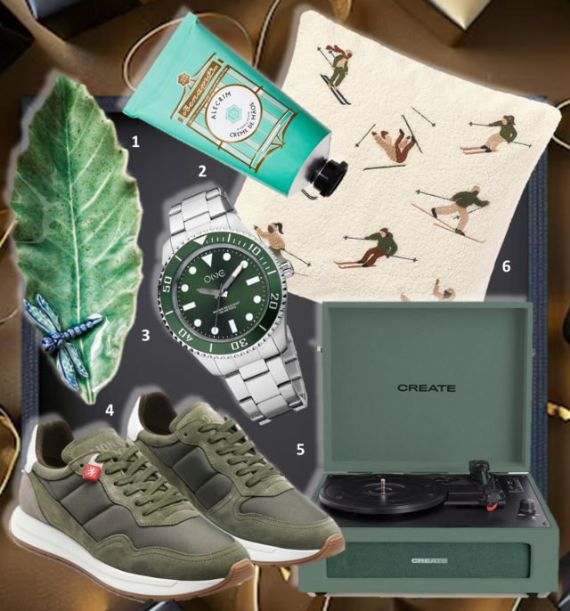 1. Peça em cerâmica da coleção Folhas do Campo, €17, Bordallo Pinheiro na Gulbenkian; 2. Creme de mãos purificante Alecrim, €19, Benamôr; 3. Relógio Hydra green, €139, One; 4. Ténis, €149,99, Lion of Porches; 5. Gira-discos Record Player Retro, €64,94, Create; 6. Capa de almofada, €29,99, Westwing.