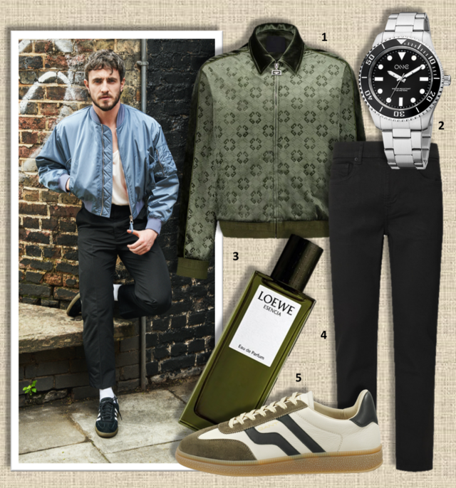 1. Blusão, €1700, Givenchy na Fashion Clinic; 2. Relógio Hydra Black, €139, One; 3. Eau de parfum Esencia, 50ml, €118, Loewe; 4. Jeans Hatch, €89,90, Pepe Jeans; 5. Ténis Cuzmo, €129,95, Gant.